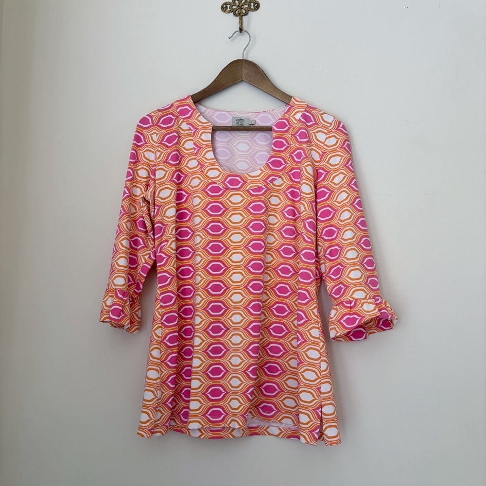 Katherine Way Geometric Print Ruffle Tunic Top Large Summer Resortwear